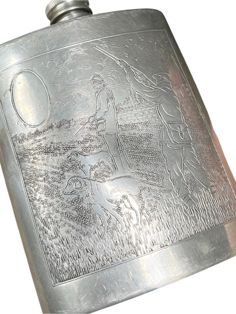 RARE Sheffield Rose English Pewter Hip Flask - Hunting Scene